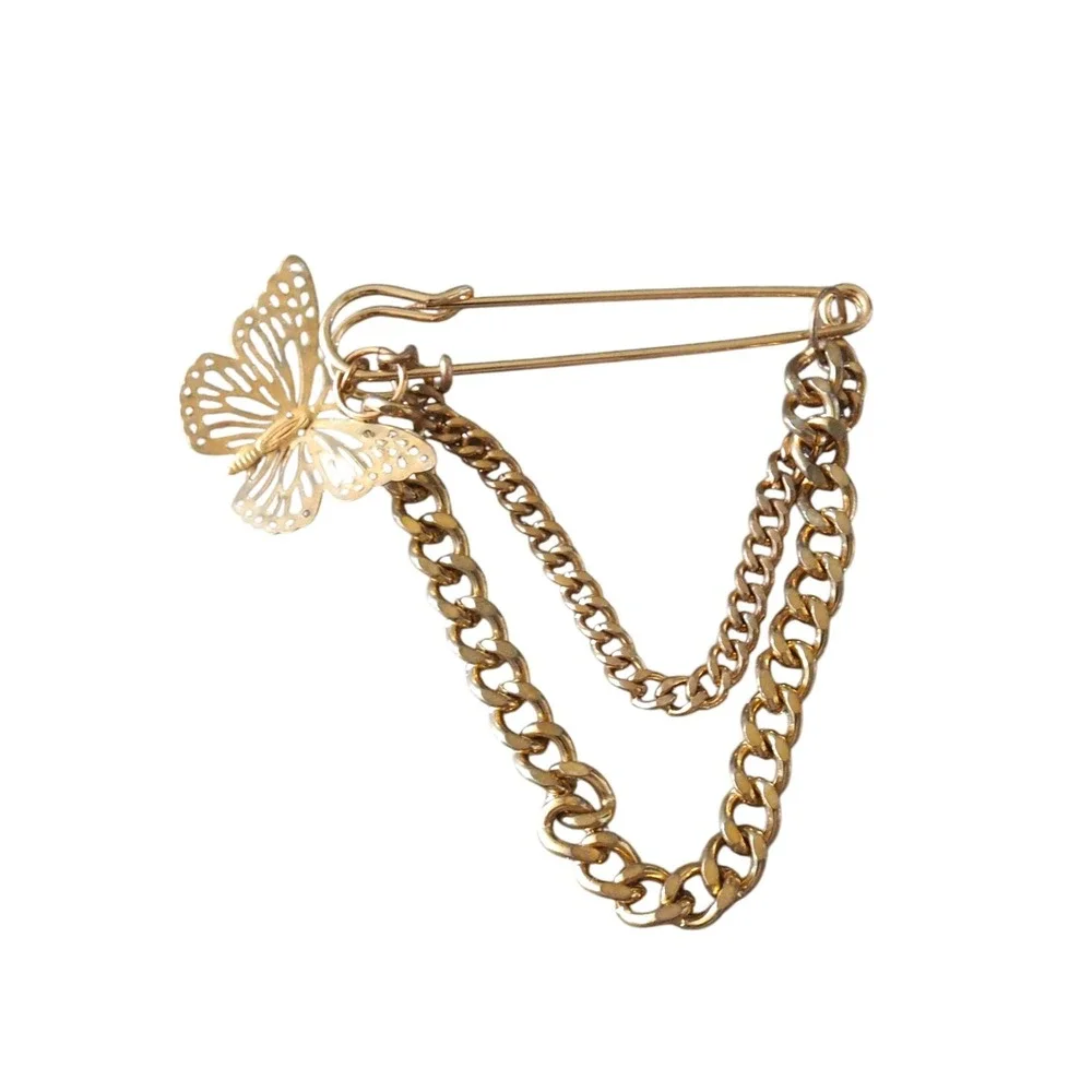 Gold Butterfly Safety Pin Chain Brooch Y2K Cottagecore Punk Jewelry Fairycore
